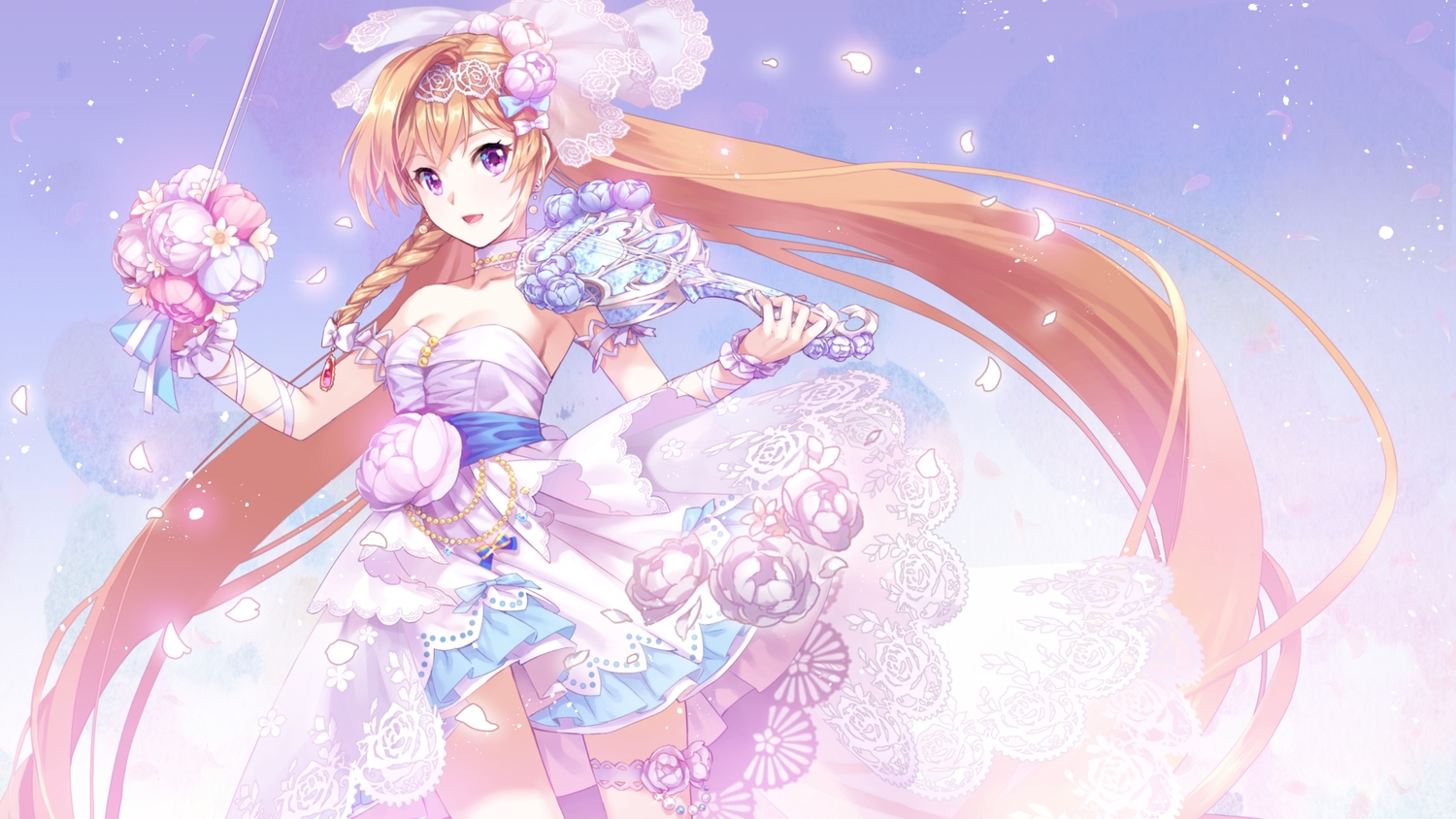 blonde_hair, bow, braids, demmy, flowers, instrument, long_hair, petals, purple_eyes, twintails, violin, wristwear