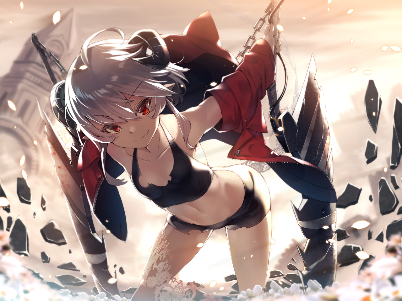 gray_hair, horns, navel, original, pointed_ears, red_eyes, short_hair, yuuji_(yukimimi)