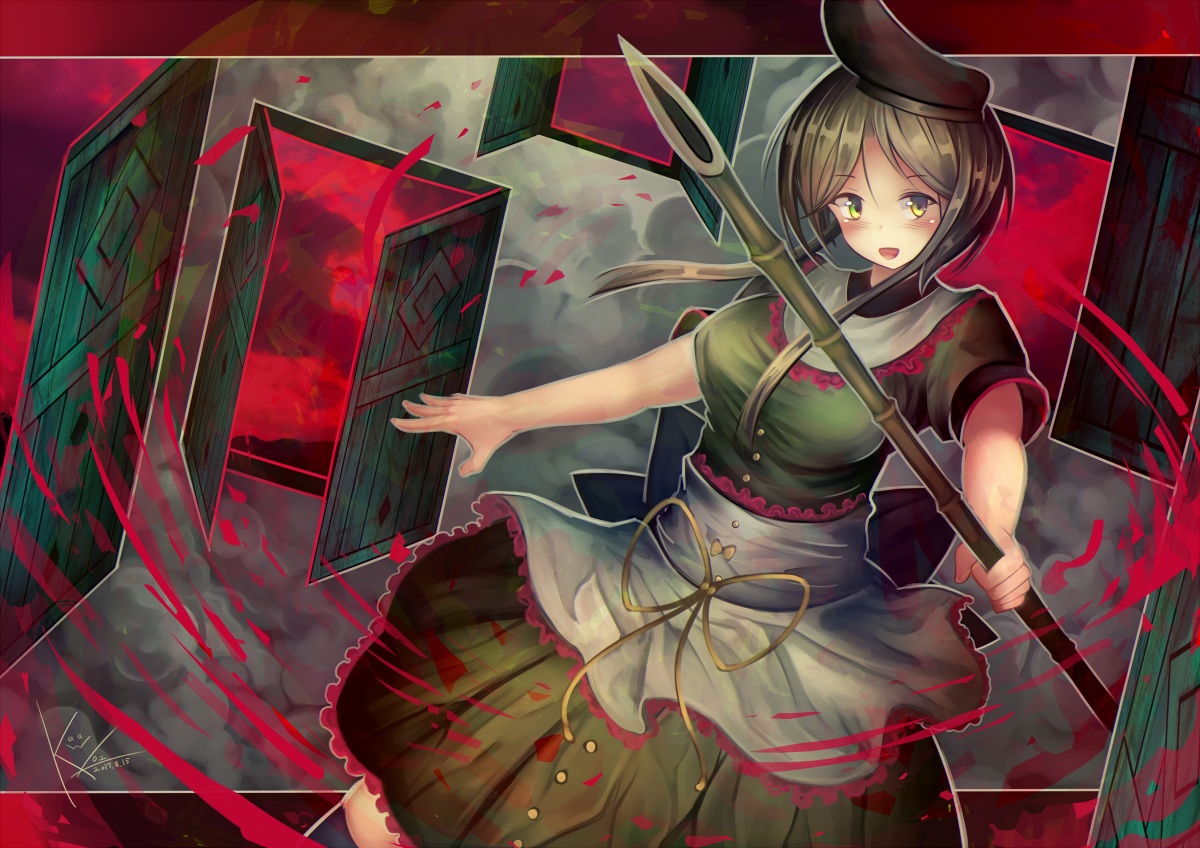 blush, dress, green_eyes, green_hair, signed, spear, tagme_(artist), teireida_mai