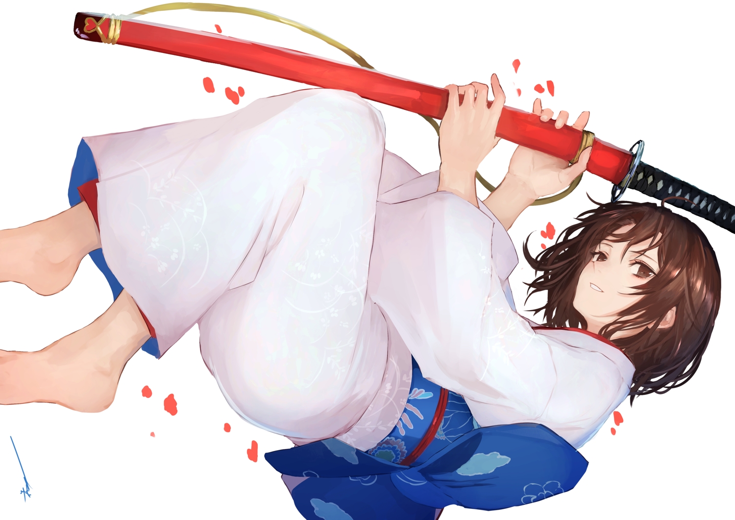 aliasing, barefoot, brown_eyes, brown_hair, fate/grand_order, fate_(series), japanese_clothes, kara_no_kyoukai, katana, kimono, kohzuki_kei, petals, ryougi_shiki, short_hair, signed, sword, weapon, white