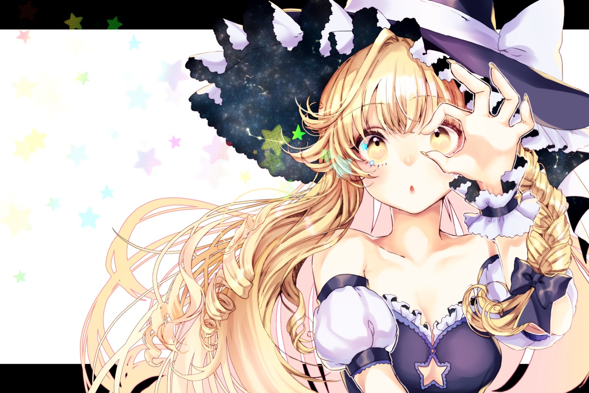 blonde_hair, braids, breasts, cleavage, hat, kirisame_marisa, long_hair, mokokiyo_(asaddr), touhou, witch, witch_hat, wristwear, yellow_eyes