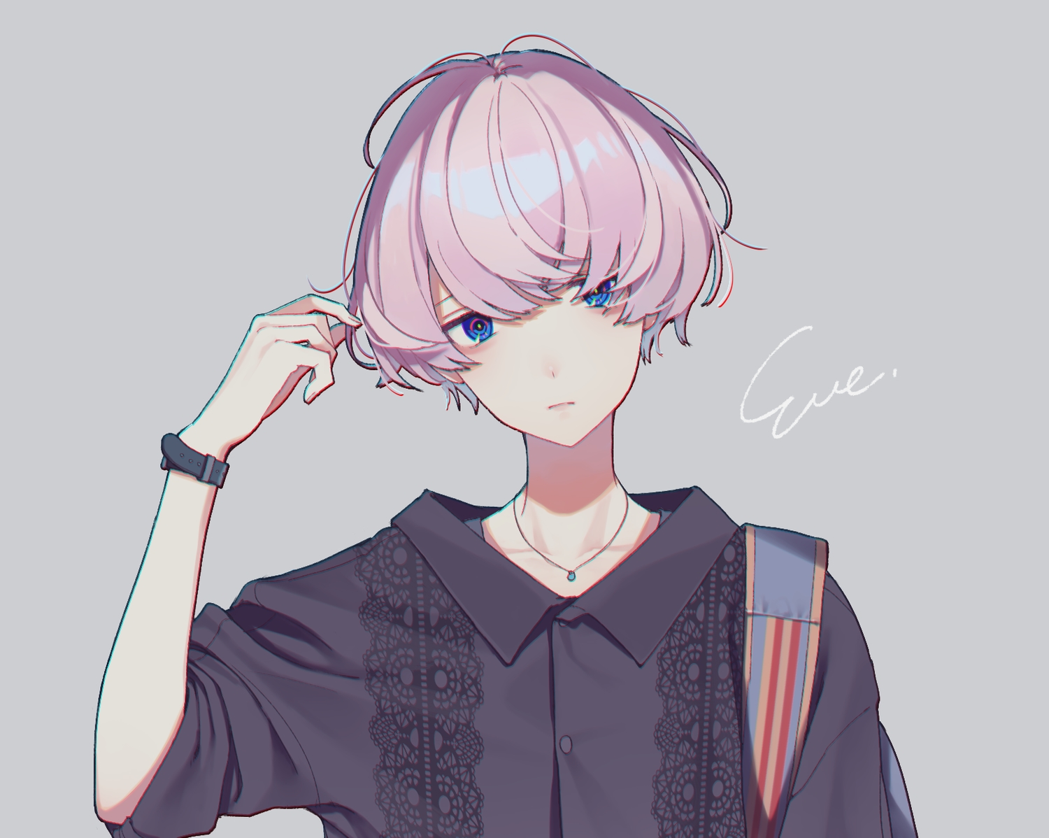 aiko_(aiko_54), all_male, blue_eyes, eve_(utaite), male, necklace, pink_hair, shirt, short_hair, wristwear