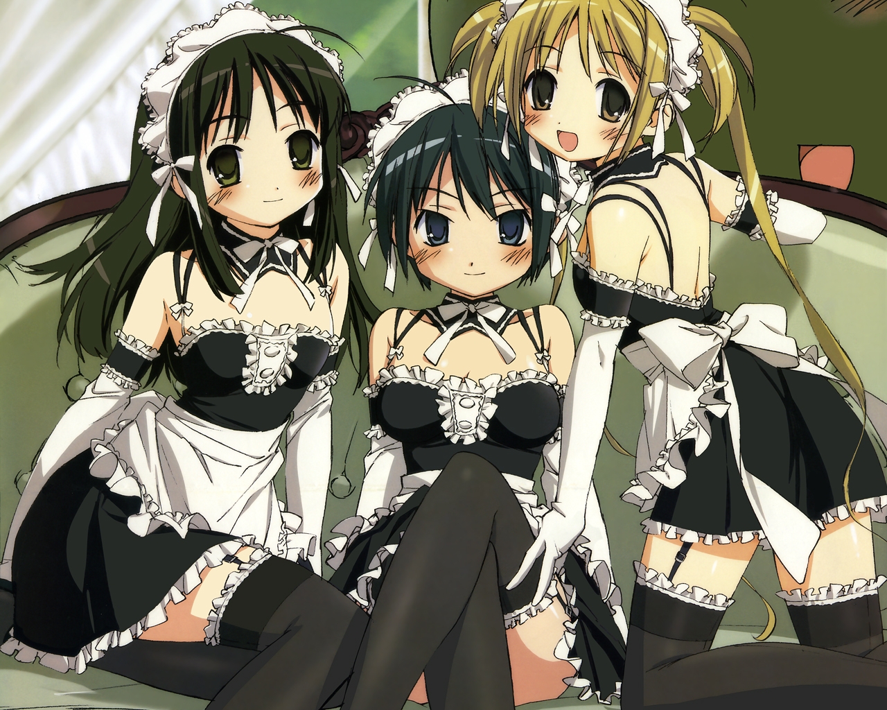 apron, black_hair, blonde_hair, blue_eyes, blush, bow, breasts, brown_eyes