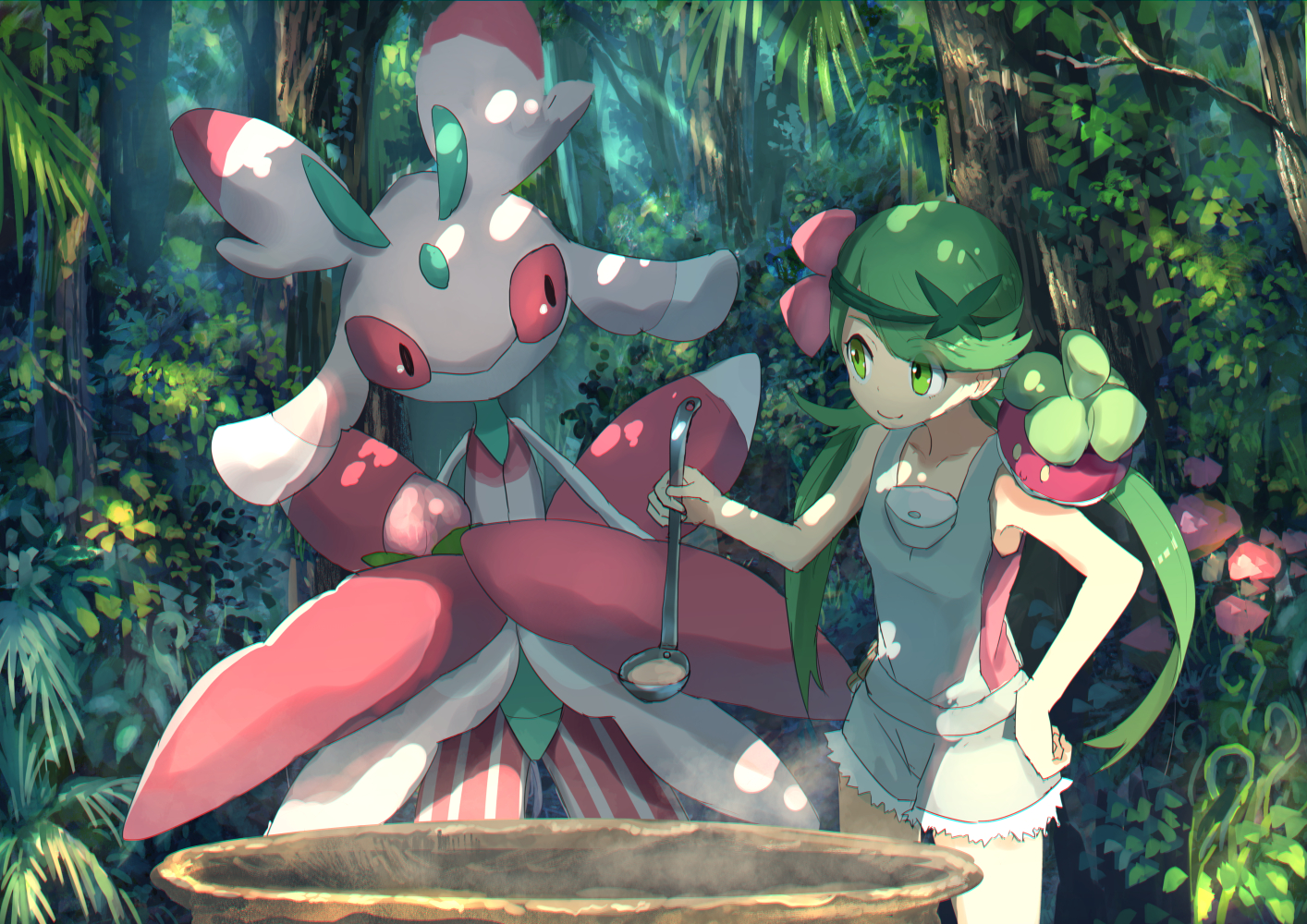 forest, green, green_eyes, green_hair, long_hair, lurantis, mao_(pokemon), pippi_(p3i2)