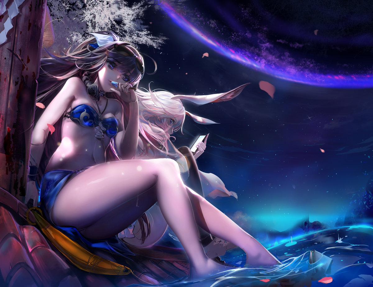 animal_ears, black_hair, glasses, honkai_impact, honkai_(series), long_hair, original, petals