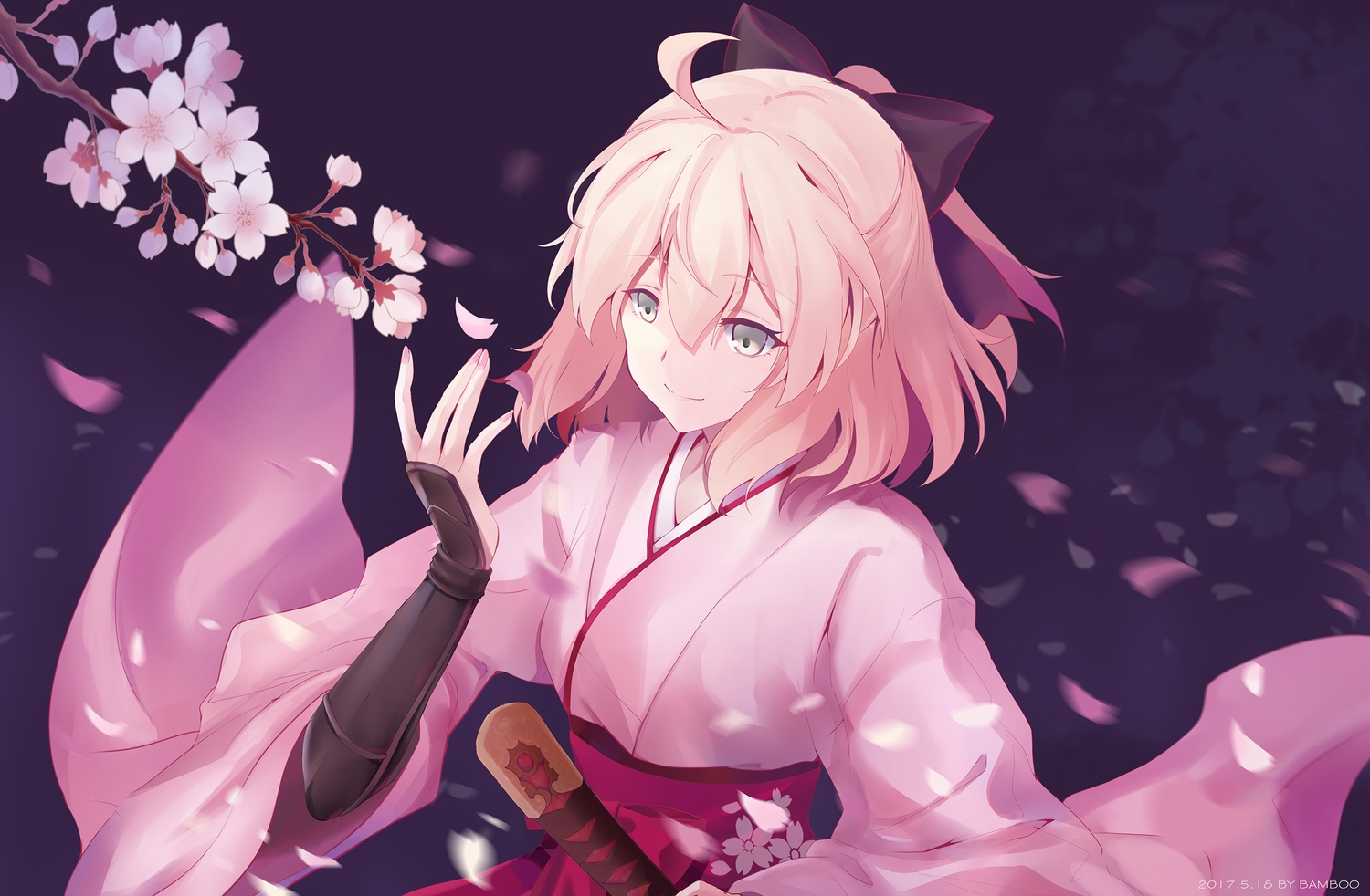 bamboo_(akimotoaki), bow, cherry_blossoms, fate/grand_order, fate_(series), flowers, katana, okita_souji_(fate), petals, short_hair, sword, weapon
