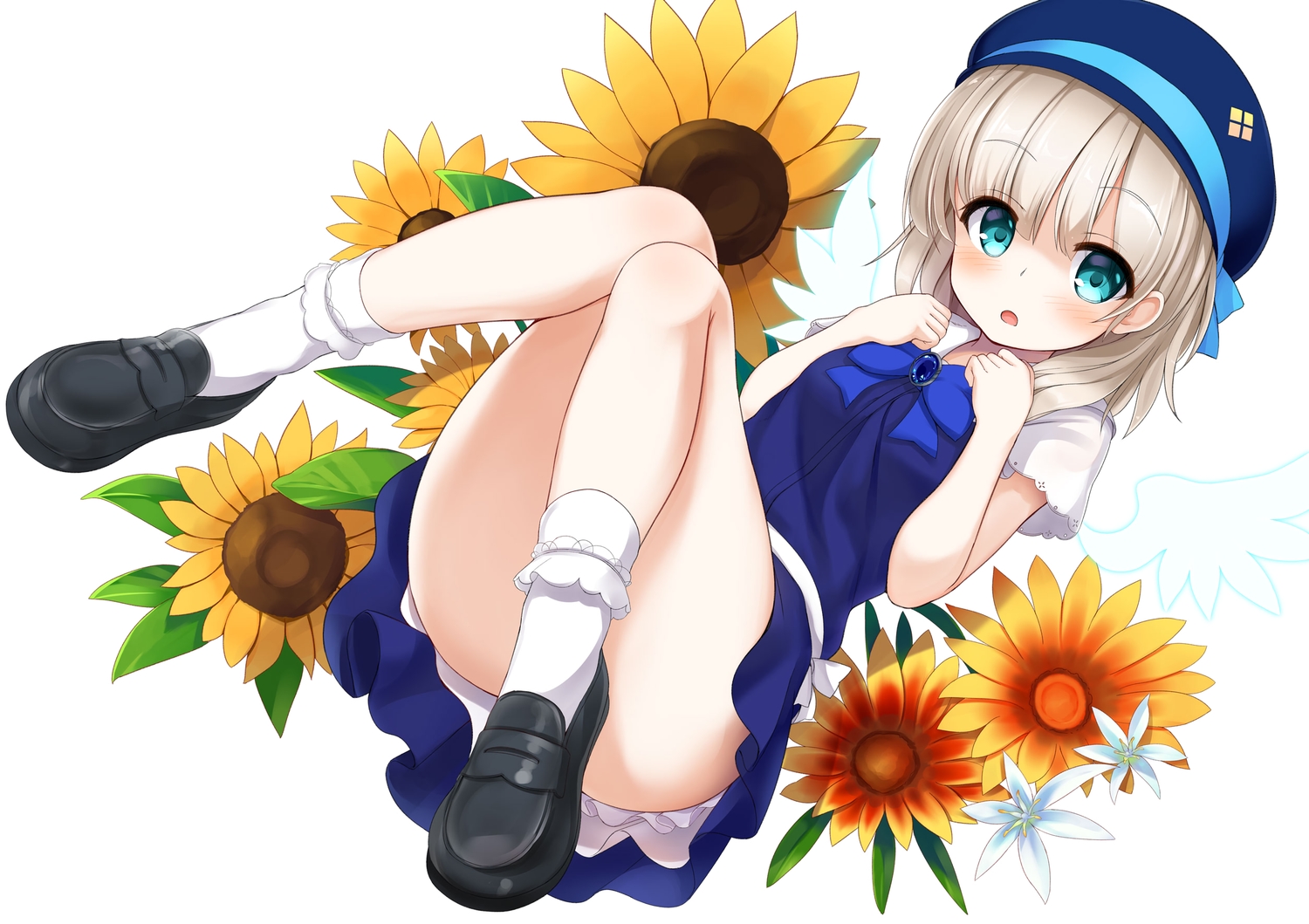 aqua_eyes, blonde_hair, blush, bow, flowers, hat, leaf1031, loli, original, school_uniform, short_hair, socks, sunflower