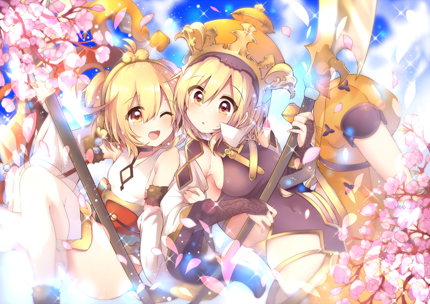2girls, andira_(granblue_fantasy), blonde_hair, blush, breasts, cherry_blossoms, djeeta_(granblue_fantasy), flowers