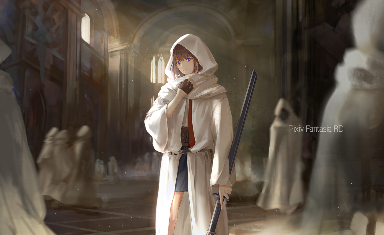 achyue, brown_hair, gloves, original, pixiv_fantasia, purple_eyes, skirt, sword