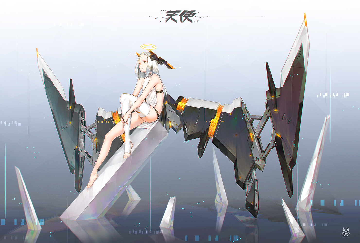 gray_hair, halo, long_hair, mechagirl, orange_eyes, original, thighhighs, uyu_(keyakinoki)