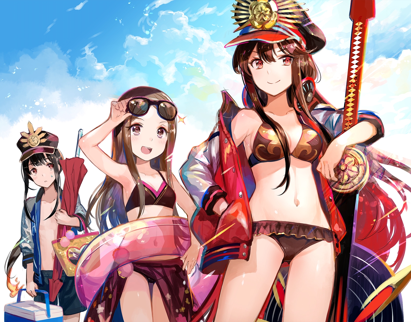bikini, black_hair, breasts, brown_eyes, brown_hair, chacha_(fate/grand_order), cleavage, clouds, fate/grand_order, fate_(series), fuji_choko, hat, headphones, loli, long_hair, male, navel, nobukatsu_oda_(fate), nobunaga_oda_(fate), ponytail, red_eyes, sky, sunglasses, swim_ring, swimsuit, sword, weapon