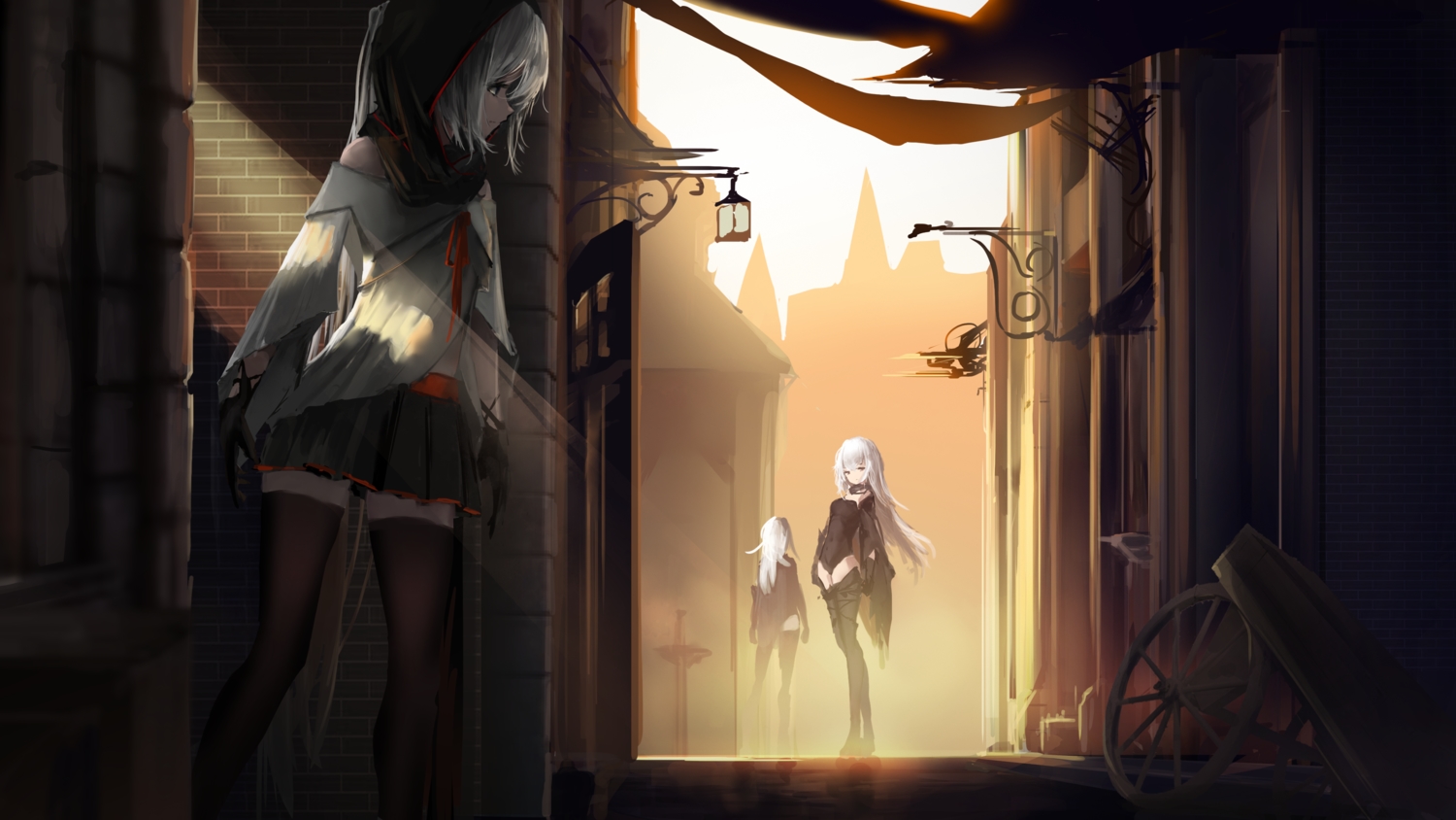 long_hair, original, pixiv_fantasia, skirt, storia, thighhighs, white_hair