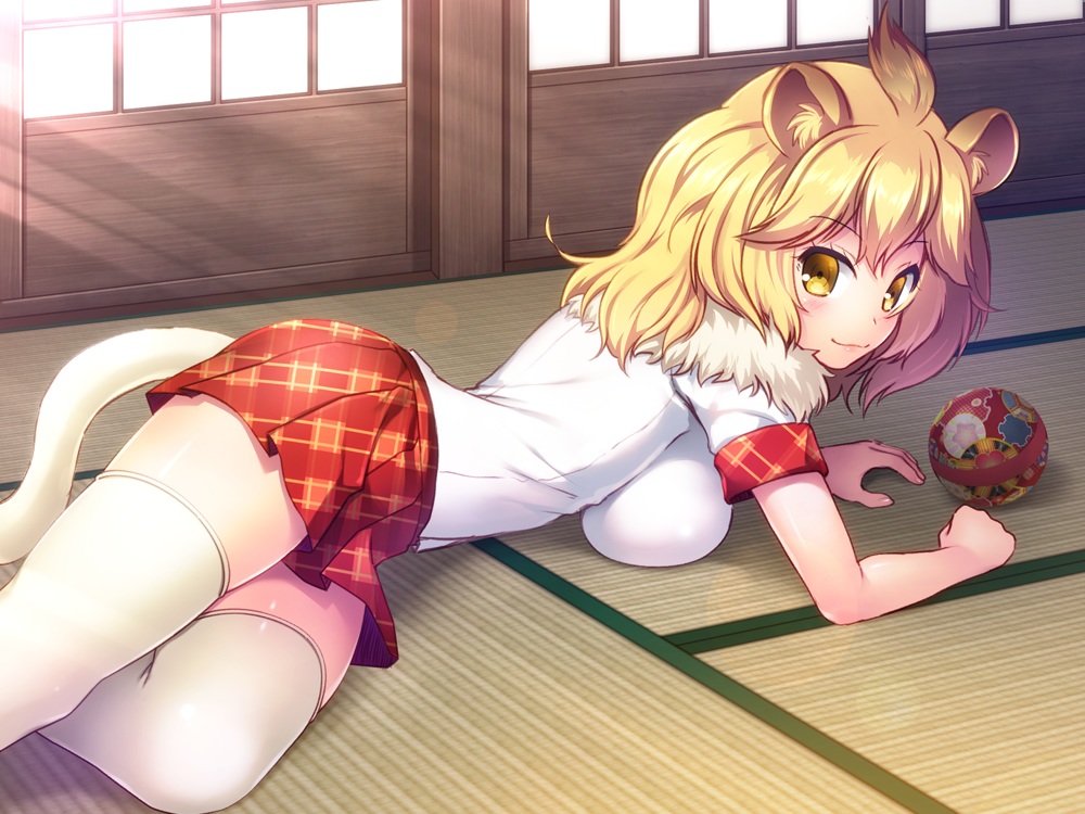 animal_ears, anthropomorphism, ball, blonde_hair, breasts, catgirl, kemono_friends, lion_(kemono_friends)