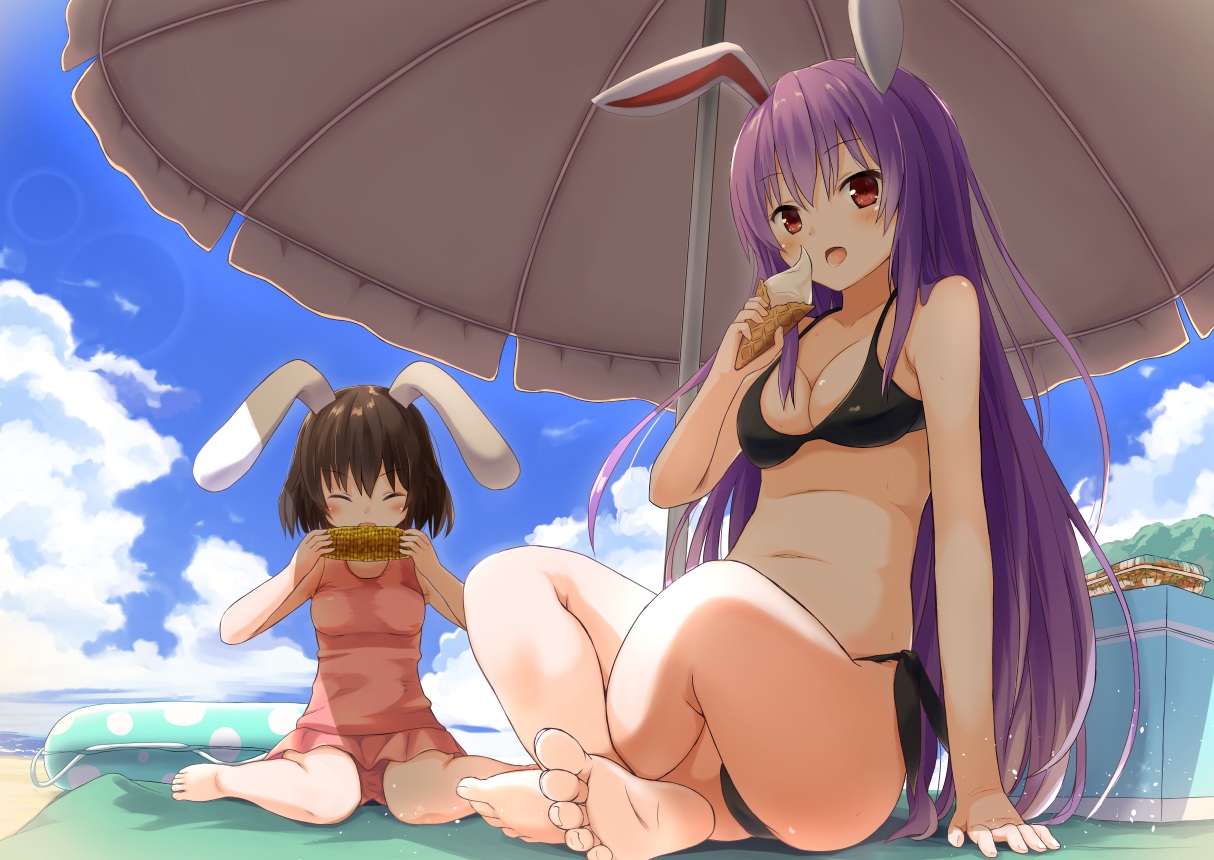 2girls, aliasing, animal_ears, barefoot, bikini, bluekalmia, blush, breasts