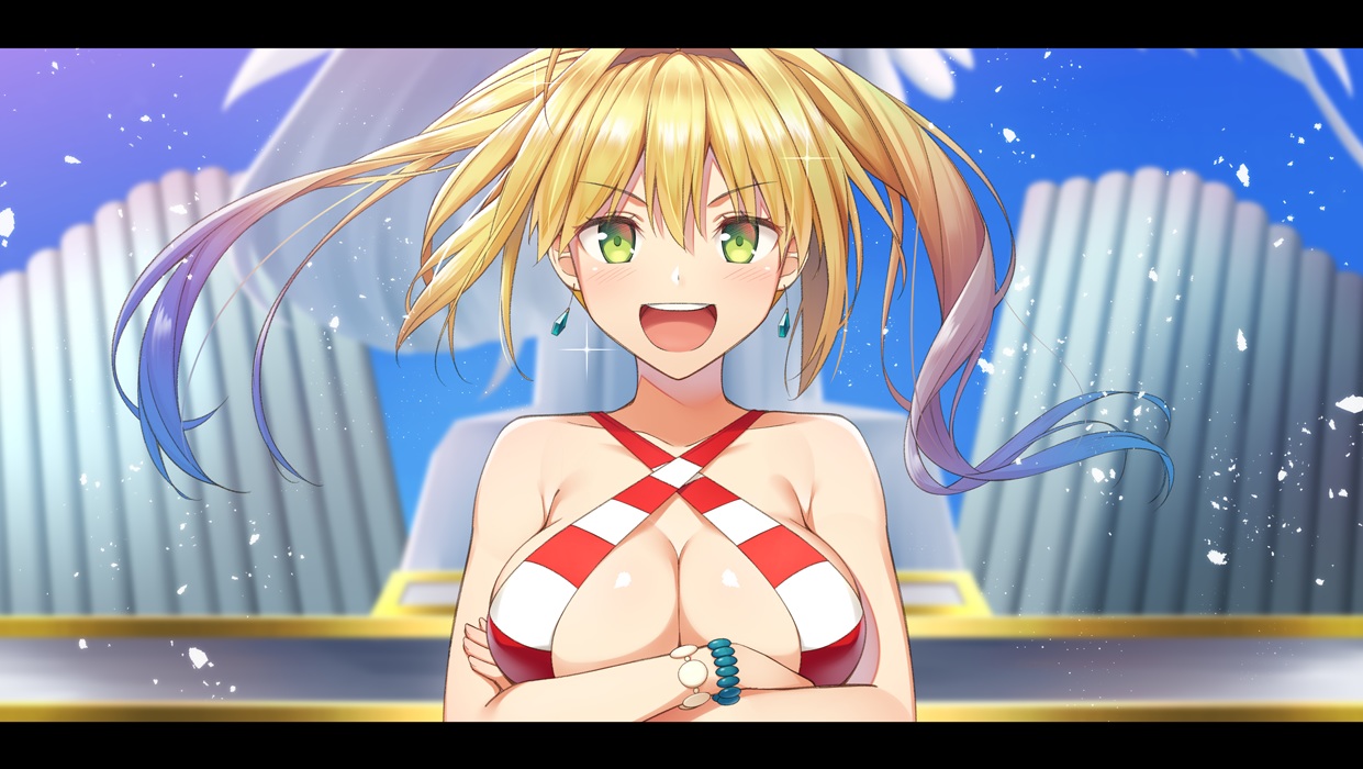 bikini, blonde_hair, blush, breasts, fate/grand_order, fate_(series), green_eyes, long_hair, nero_claudius_(fate), swimsuit, twintails, umihotaru_harumare
