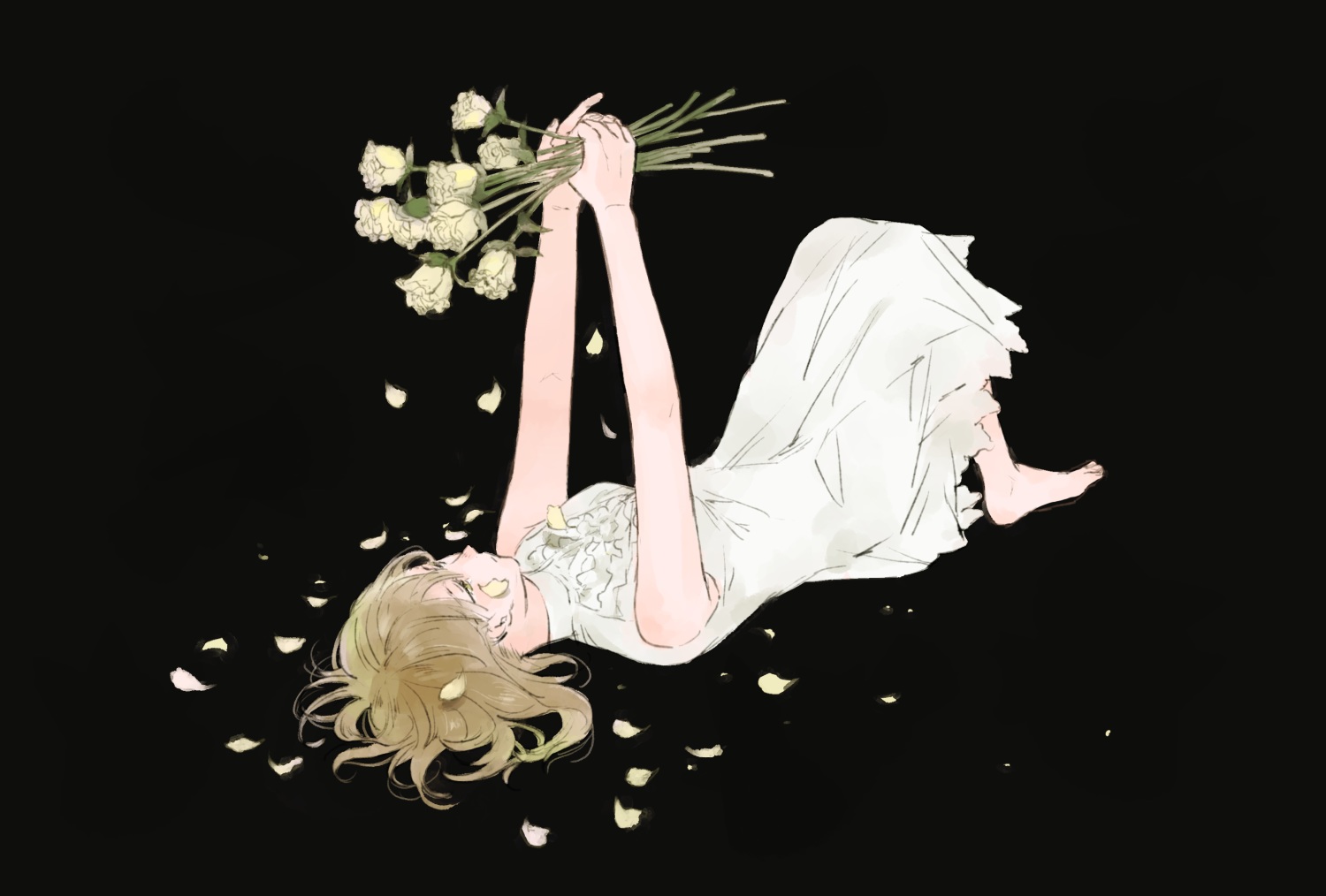 barefoot, black, blonde_hair, dress, flowers, hinao_(flowerrabbit2348), original, petals