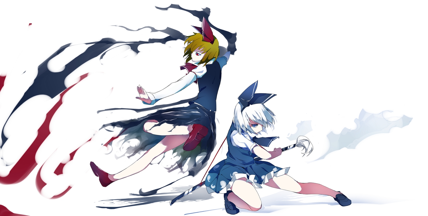 2girls, blue_eyes, brown_hair, headband, ikurauni, katana, konpaku_youmu, red_eyes