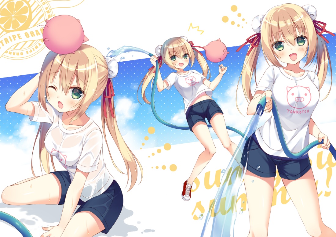 aliasing, anzu_(sumisaki_yuzuna), blonde_hair, green_eyes, long_hair, navel, original, see_through