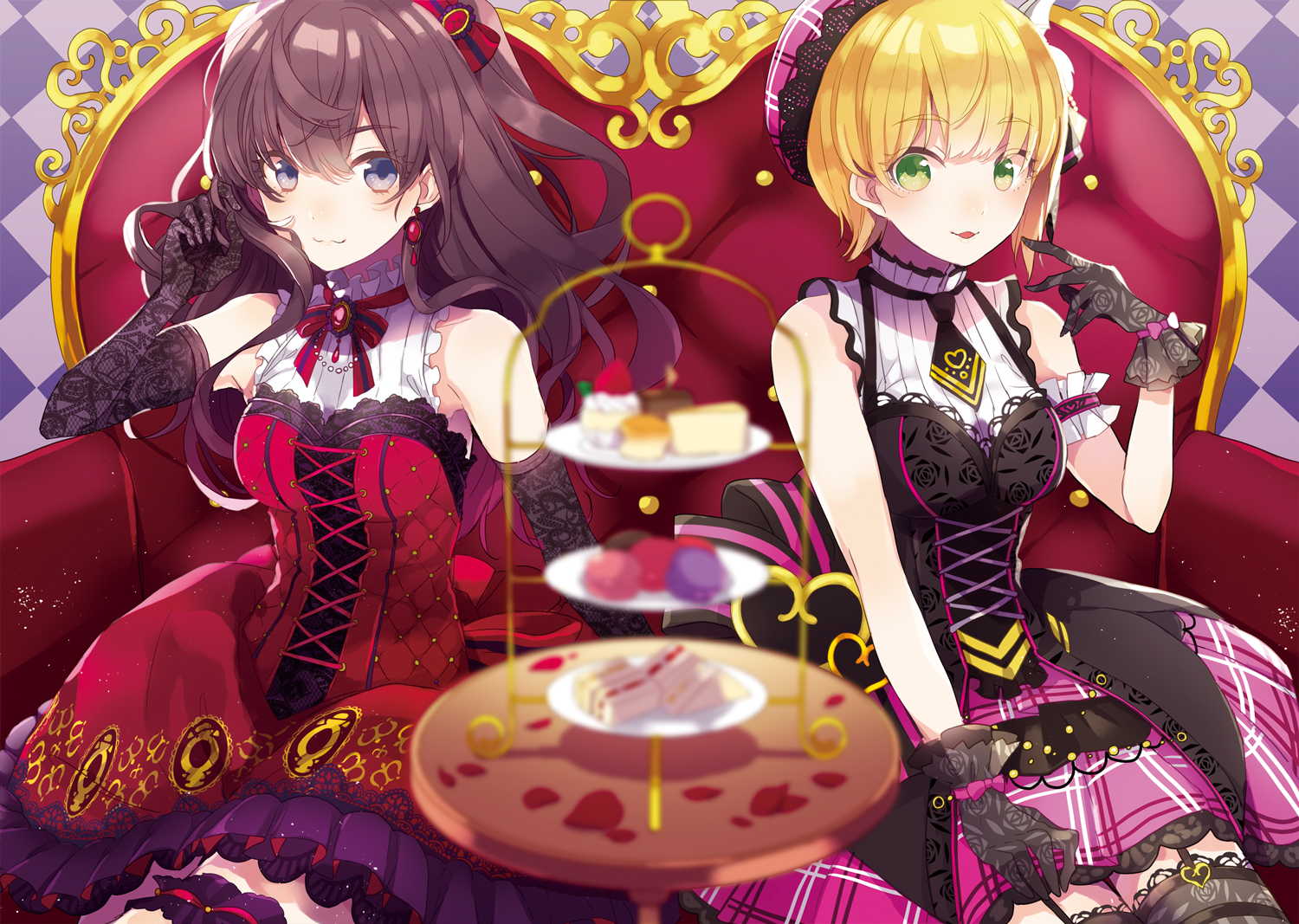 2girls, blonde_hair, brown_hair, cake, couch, dress, elbow_gloves, food