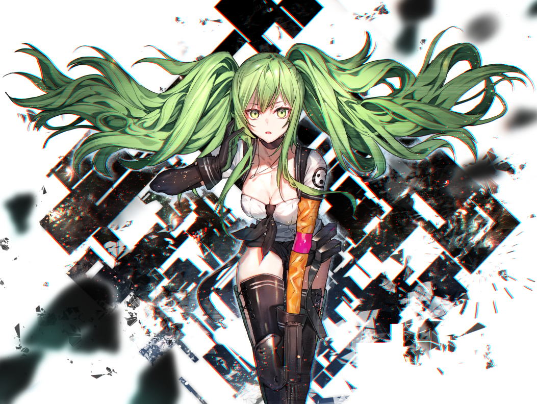 anthropomorphism, elbow_gloves, girls_frontline, gloves, green_eyes, green_hair, long_hair, m950a_(girls_frontline), rakugakiii, thighhighs, twintails