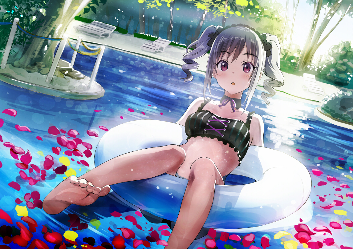 aliasing, gray_hair, honjou_masato, idolmaster, idolmaster_cinderella_girls, kanzaki_ranko, petals, purple_eyes, swim_ring, twintails, water