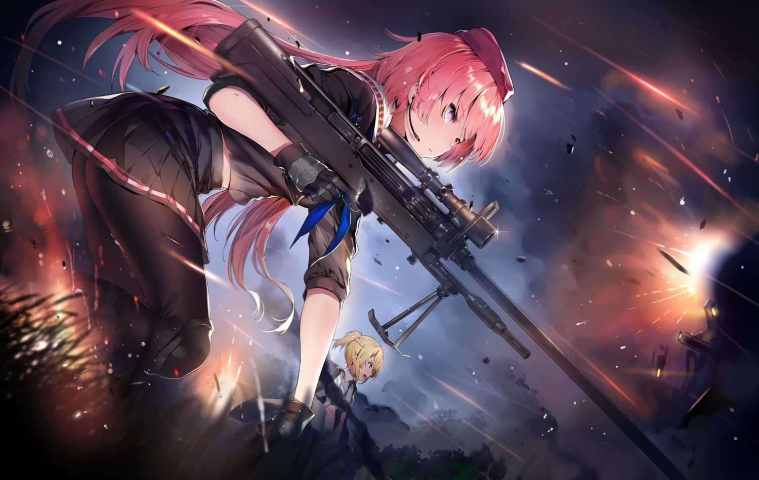 2girls, anthropomorphism, blonde_hair, girls_frontline, gloves, green_eyes, gun, long_hair, ntw-20_(girls_frontline), pantyhose, pink_eyes, ponytail, short_hair, weapon, welrod_mkii_(girls_frontline), yuran