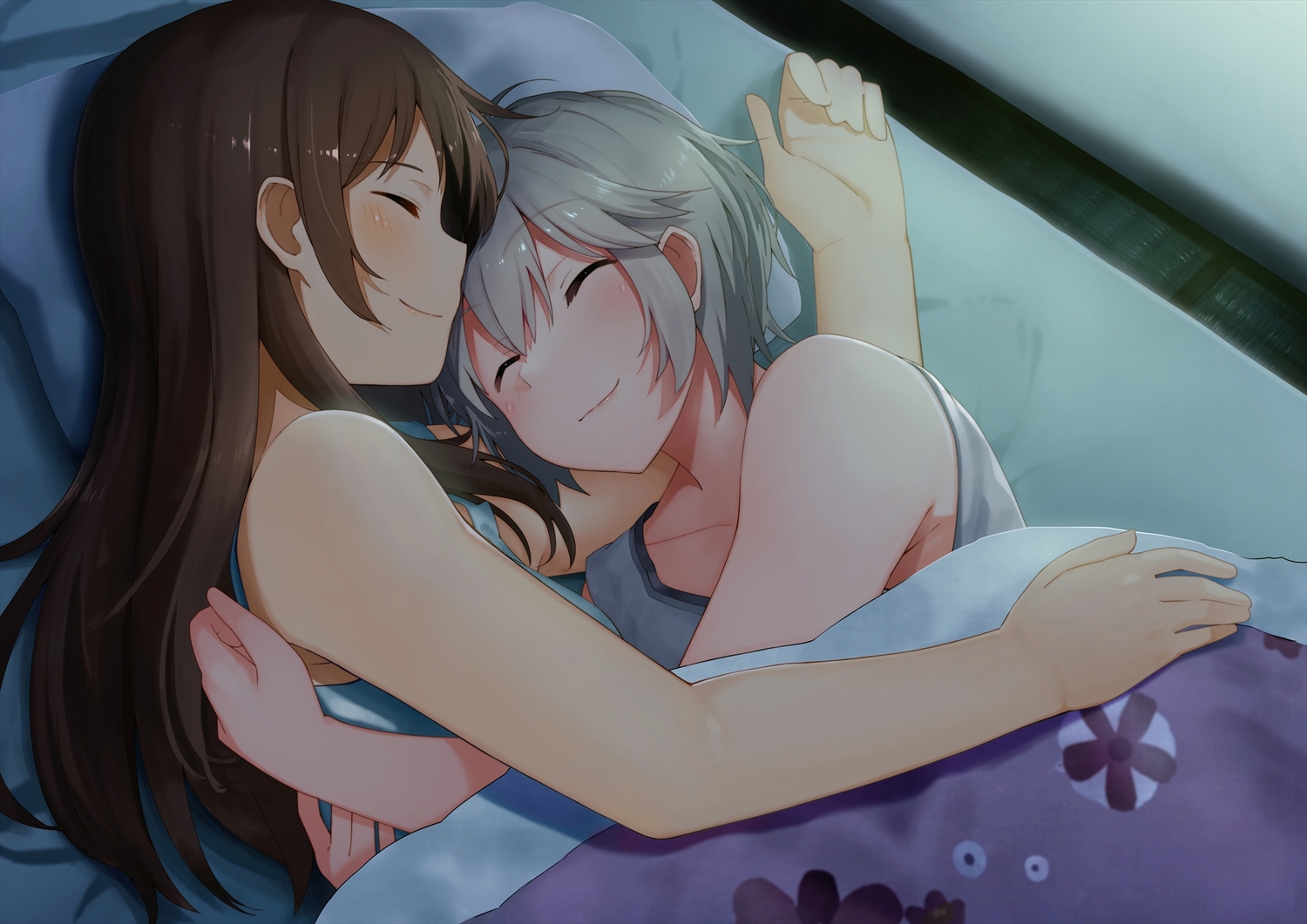 2girls, anastasia_(idolmaster), brown_hair, dacchi, hug, idolmaster, idolmaster_cinderella_girls, long_hair, nitta_minami, short_hair, shoujo_ai, sleeping, white_hair