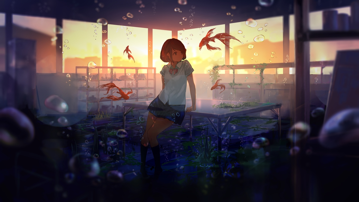 animal, bubbles, fish, goroku, kneehighs, original, scenic, school_uniform, skirt, underwater, water