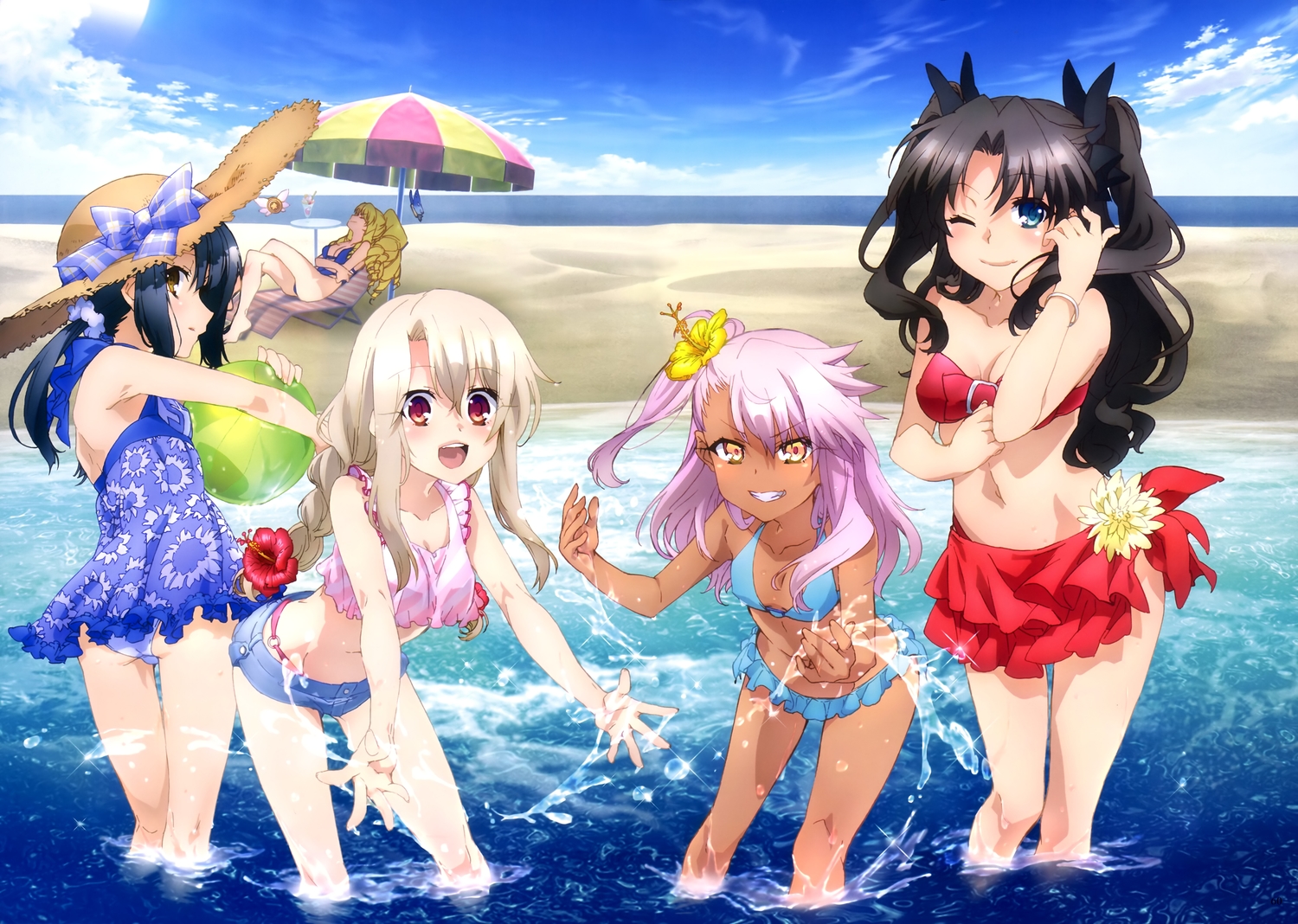 aqua_eyes, ass, ball, bikini, black_hair, blonde_hair, bow, braids, chloe_von_einzbern, dress, fate/kaleid_liner_prisma_illya, fate_(series), flowers, group, hat, illyasviel_von_einzbern, loli, long_hair, luviagelita_edelfelt, miyu_edelfelt, pink_hair, scan, shorts, swimsuit, tagme_(artist), tohsaka_rin, umbrella, water, wink, yellow_eyes