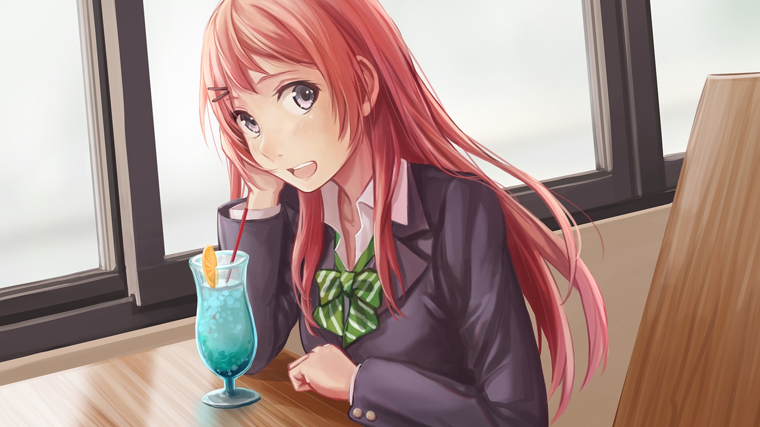 aguri_(gamers!), blush, bow, drink, gamers!, long_hair, pink_eyes, redpoke, school_uniform
