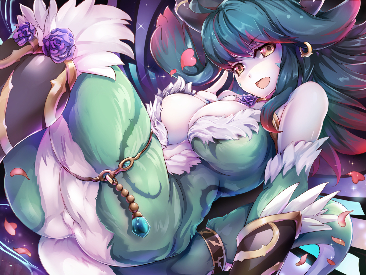 ass, breasts, cleavage, green_hair, linthia, long_hair, petals, puzzle_&_dragons, suoni_(deeperocean), yellow_eyes