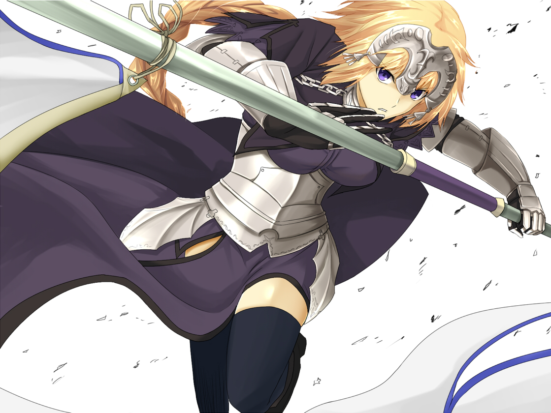 akashiro_sen, armor, blonde_hair, blue_eyes, braids, chain, fate/apocrypha, fate_(series), gloves, jeanne_d'arc_(fate), long_hair, ponytail, thighhighs