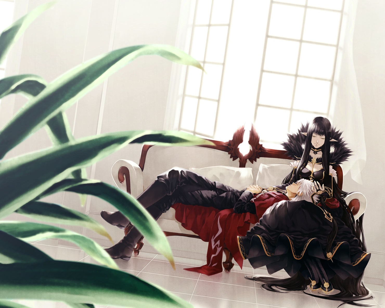 amakusa_shirou, black_hair, couch, cropped, fate/apocrypha, fate_(series), kagami_ei, long_hair, male, pointed_ears, semiramis, short_hair, white_hair, yellow_eyes