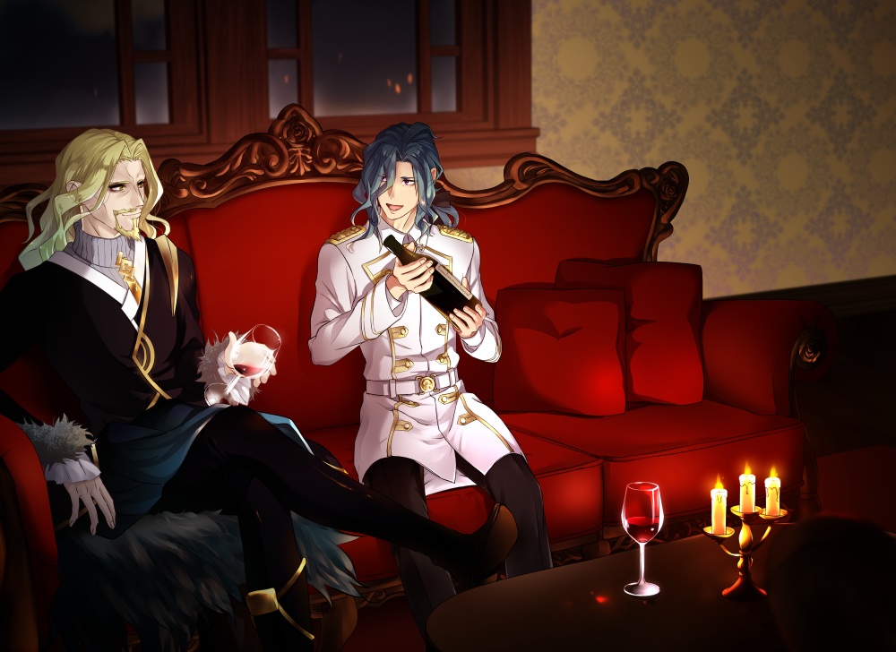 aliasing, all_male, blonde_hair, blue_hair, couch, darnic_prestone_yggdmillennia, fate/apocrypha, fate_(series), fire, long_hair, male, purple_eyes, vlad_the_impaler, yellow_eyes, yu_sa_01
