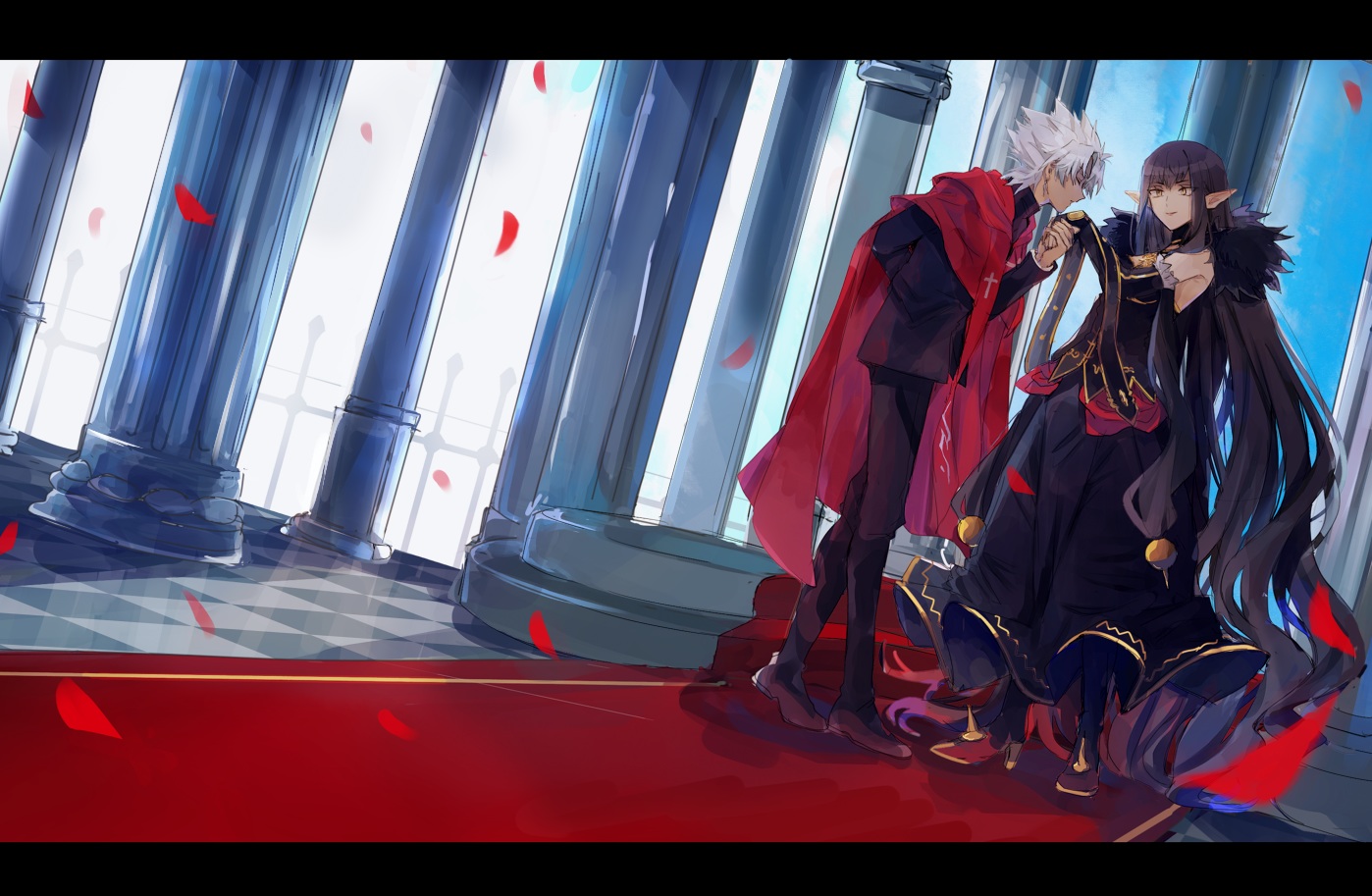 amakusa_shirou, black_hair, cape, dark_skin, fate/apocrypha, fate_(series), gray_hair, long_hair, male, petals, pointed_ears, qniokun, semiramis, short_hair, yellow_eyes