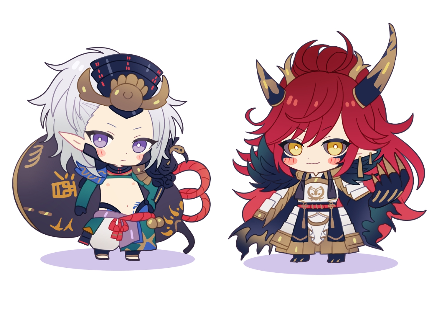 abandon_ranka, all_male, armor, blush, chibi, demon, gray_hair, headdress
