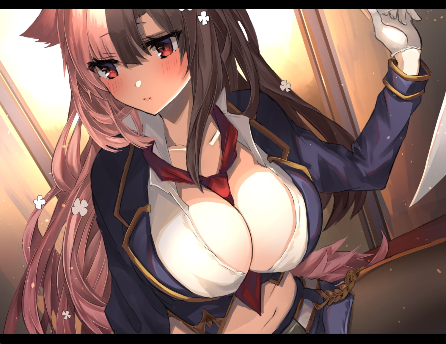 animal_ears, blush, breasts, cleavage, gloves, long_hair, original, pantyhose, red_eyes, shikino_yuki, suit, tie, waifu2x