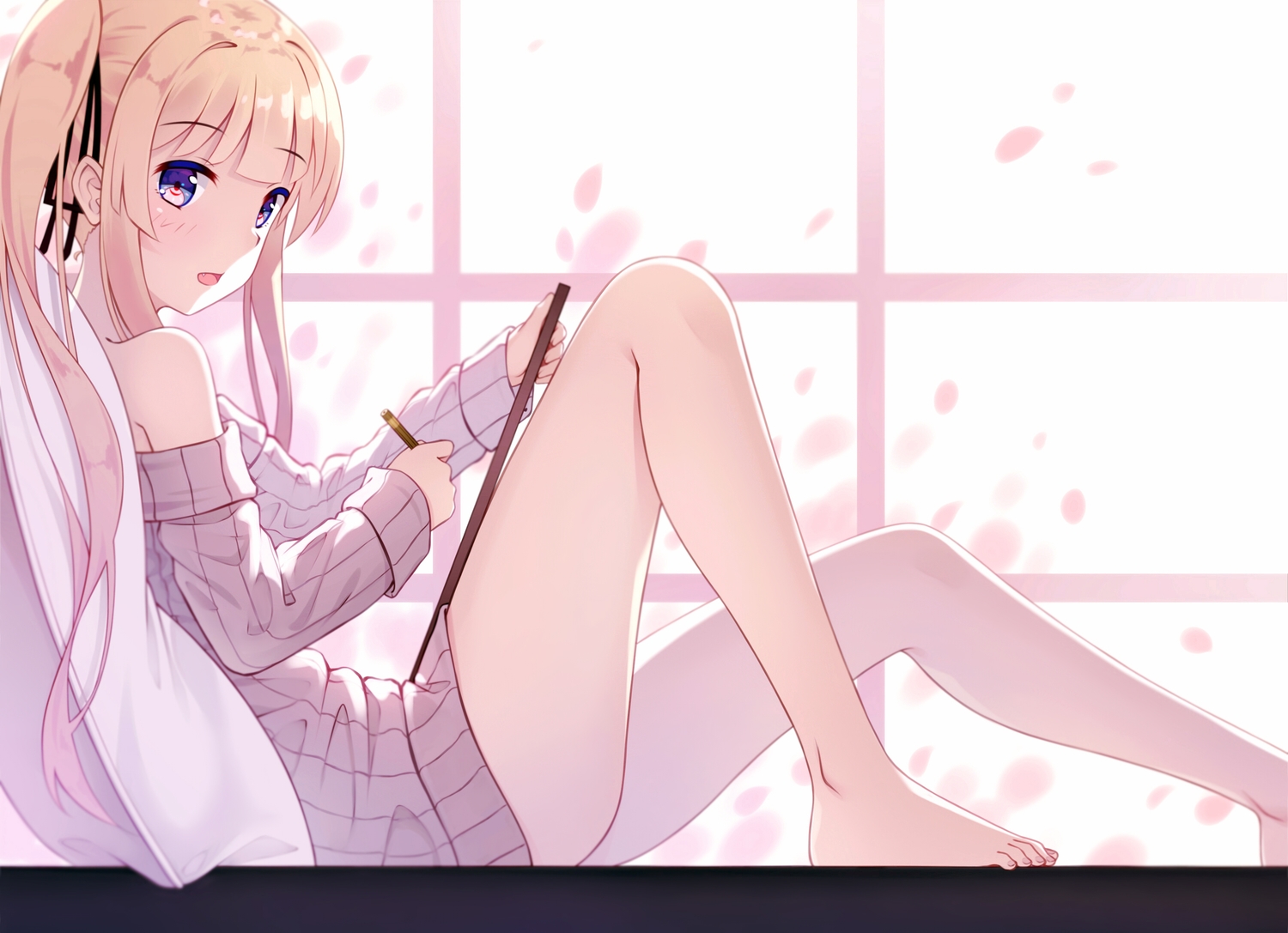 barefoot, blonde_hair, blue_eyes, dress, fang, long_hair, natsu97, saenai_heroine_no_sodatekata