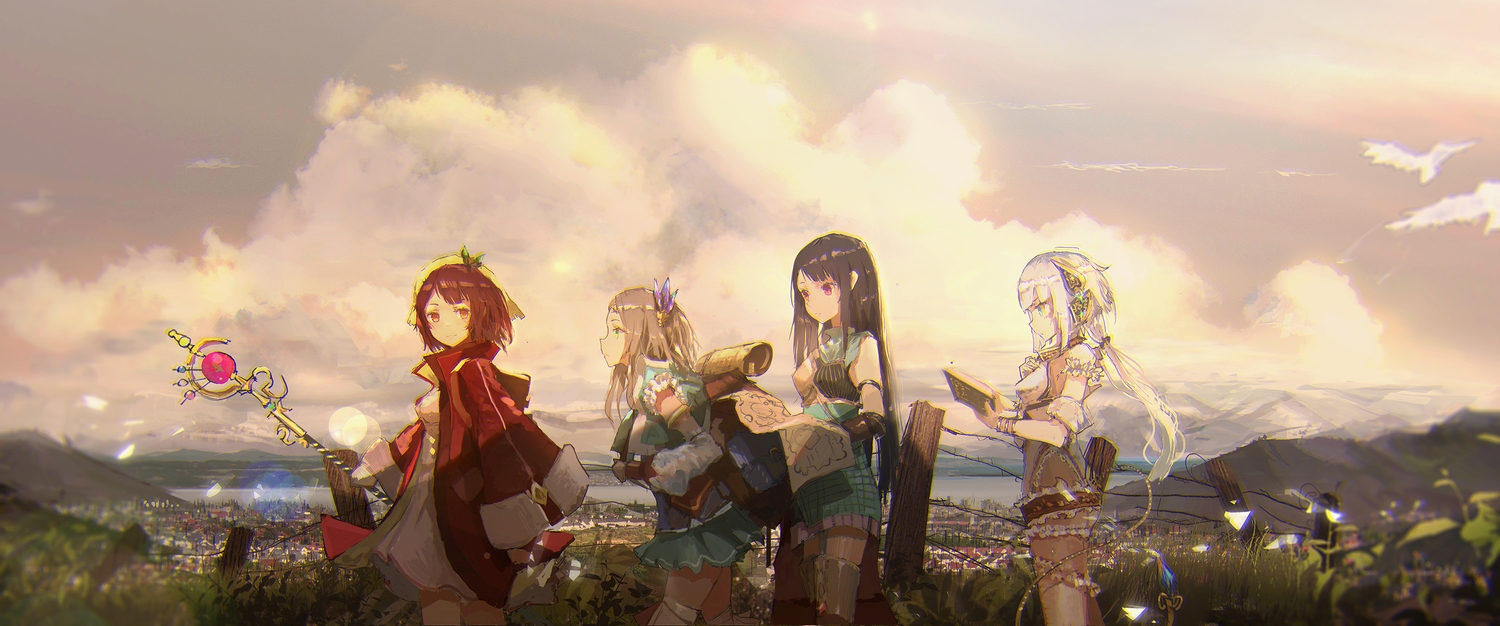 animal, aqua_eyes, atelier, atelier_firis, bird, brown_hair, clouds, dress, firis_mistlud, gray_hair, green_eyes, group, liane_mistlud, long_hair, novelance, pink_eyes, plachta, short_hair, sky, sophie_neuenmuller, thighhighs