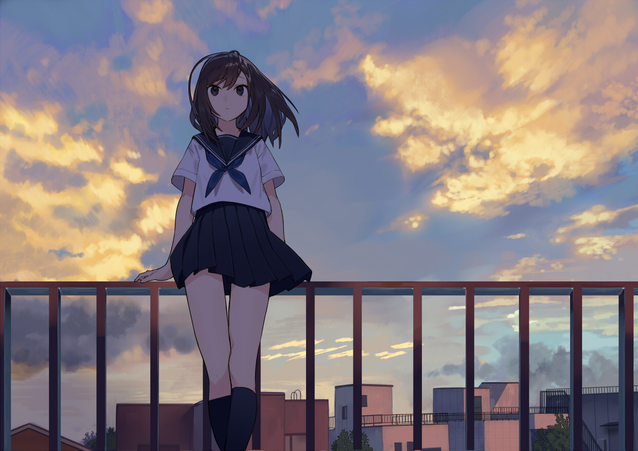 brown_eyes, brown_hair, building, city, clouds, dark, kneehighs, long_hair