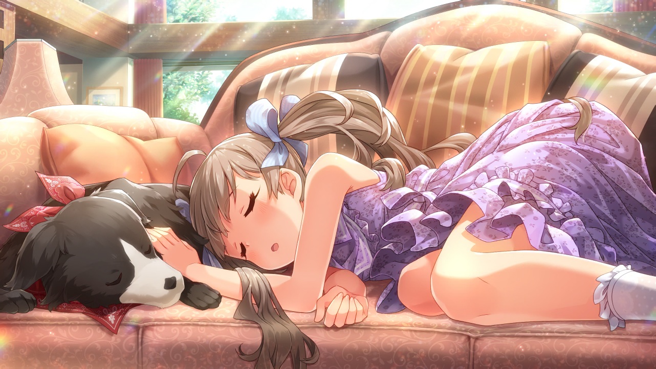 animal, blush, brown_hair, couch, dog, dress, hakozaki_serika, idolmaster, idolmaster_million_live!, loli, long_hair, sleeping, socks, tagme_(artist), twintails