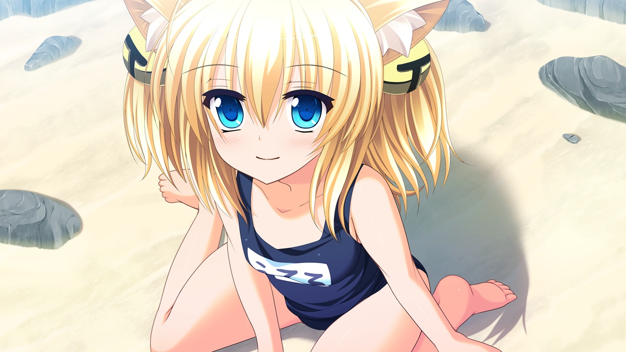 animal_ears, aqua_eyes, bell, blonde_hair, endless_dungeon, game_cg, kinta_(distortion), rosebleu, school_swimsuit, swimsuit, uluru_kajuta