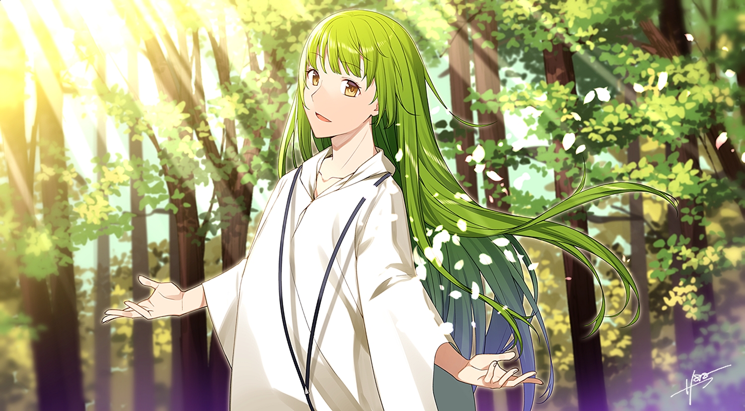all_male, enkidu, fate/grand_order, fate_(series), green_hair, long_hair, male, petals