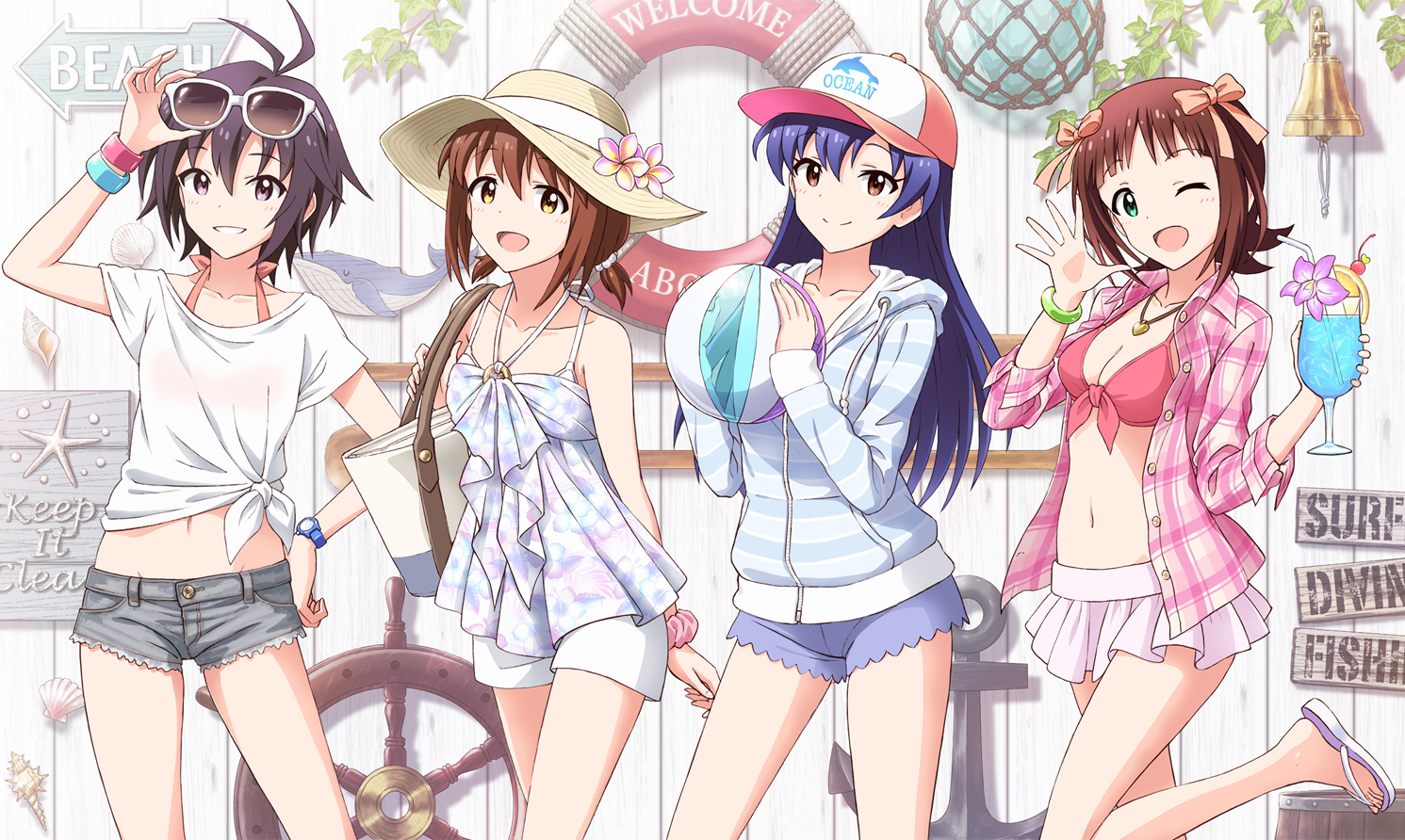 amami_haruka, ball, bell, blue_hair, bow, breasts, brown_eyes, brown_hair, cherry, drink, flowers, food, fruit, glasses, green_eyes, group, hagiwara_yukiho, hat, idolmaster, kikuchi_makoto, kisaragi_chihaya, long_hair, navel, necklace, outsider_0, short_hair, shorts, sunglasses, swim_ring, wink, wristwear