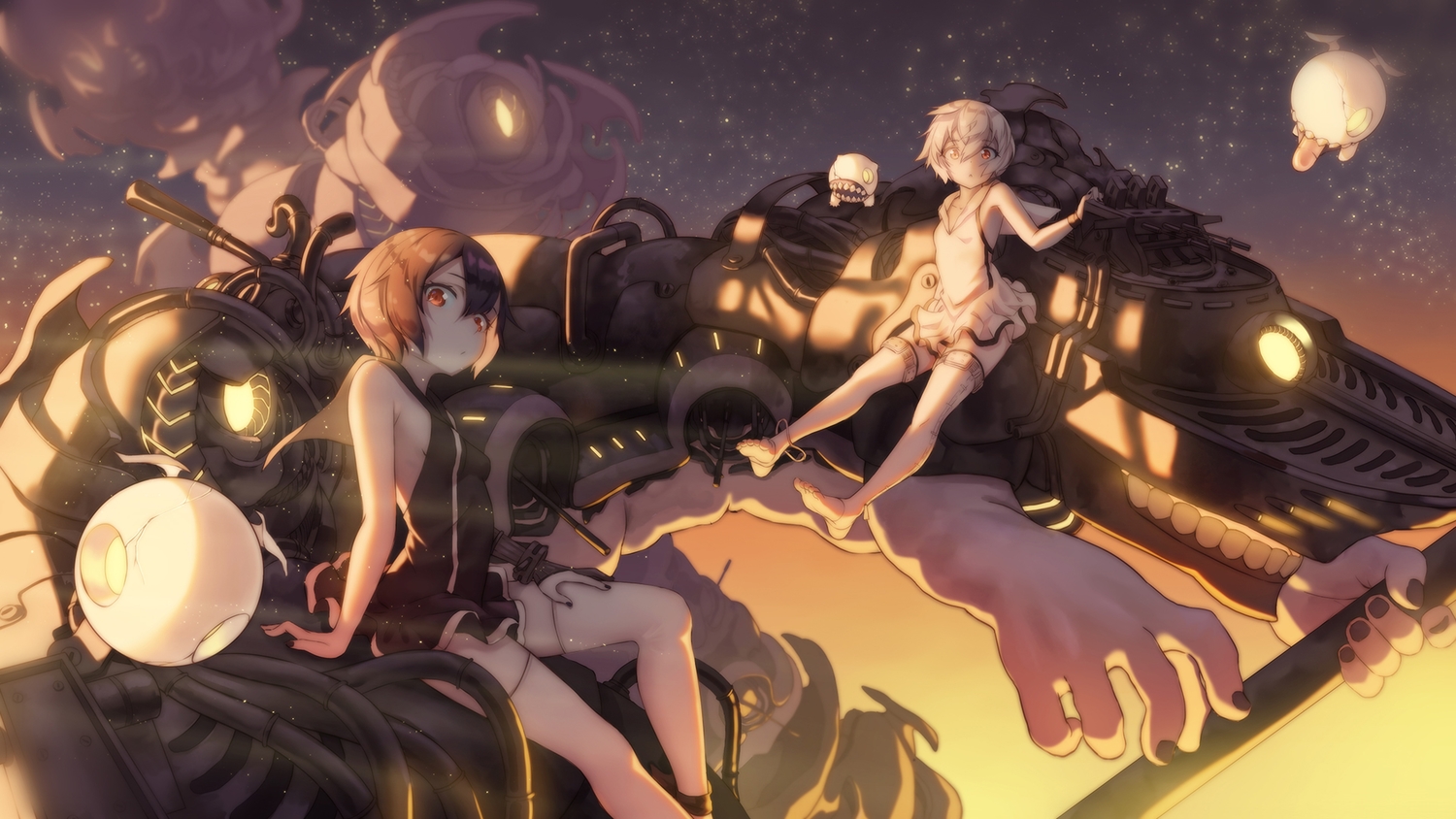 2girls, abyssal_twin_hime, anthropomorphism, bicolored_eyes, brown_eyes, brown_hair, dress, gray_hair, kantai_collection, matsukawa_li, short_hair, thighhighs, twins