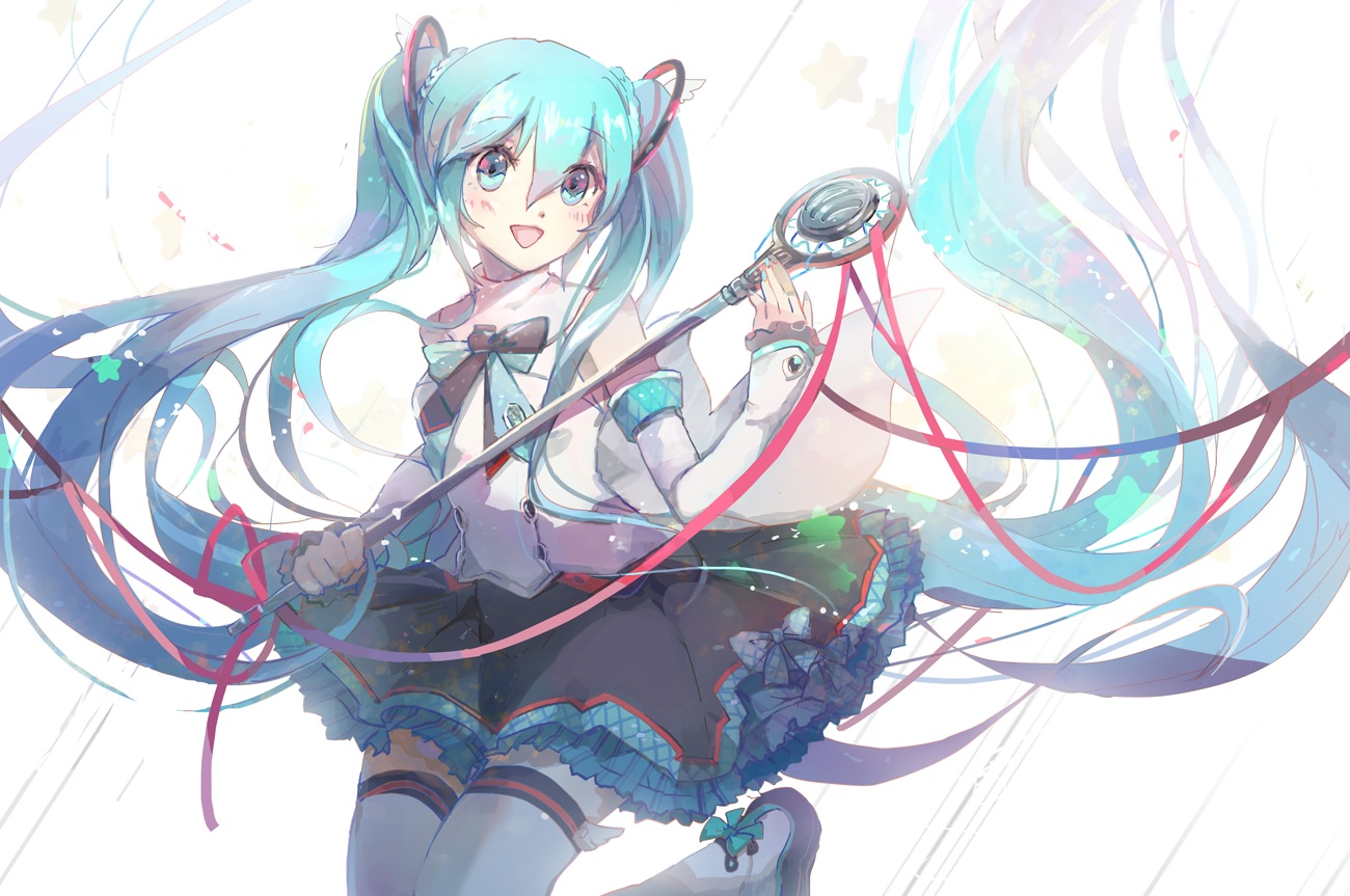 aqua_eyes, aqua_hair, hatsune_miku, long_hair, magical_mirai_(vocaloid), mao_xiaozha_(rumiechen), microphone, ribbons