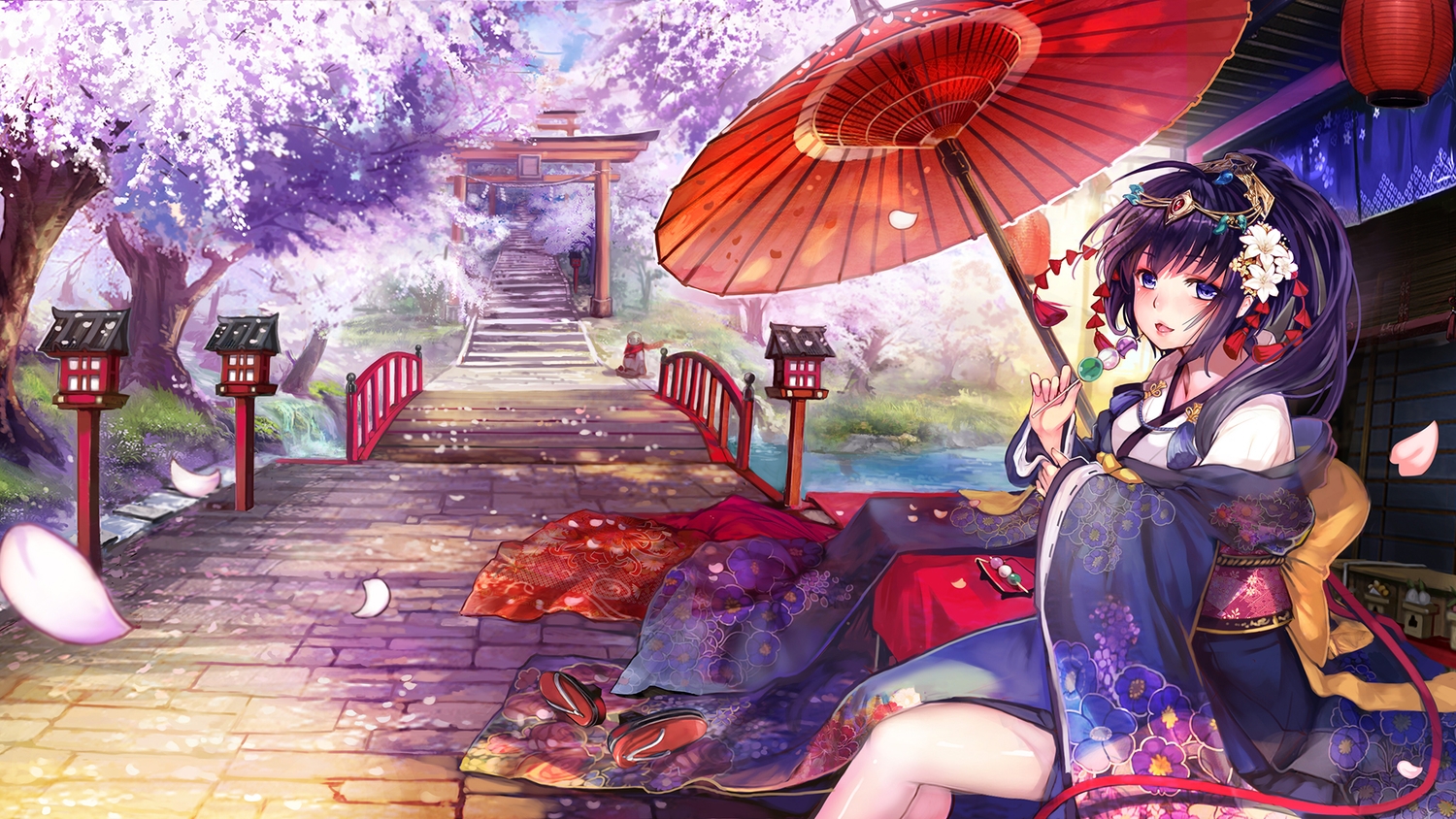 blue_eyes, blue_hair, blush, cherry_blossoms, flowers, food, japanese_clothes, long_hair