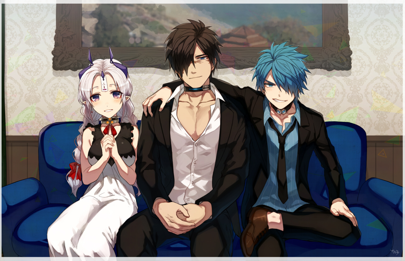aqua_eyes, aqua_hair, blush, braids, breasts, brown_hair, closers, collar