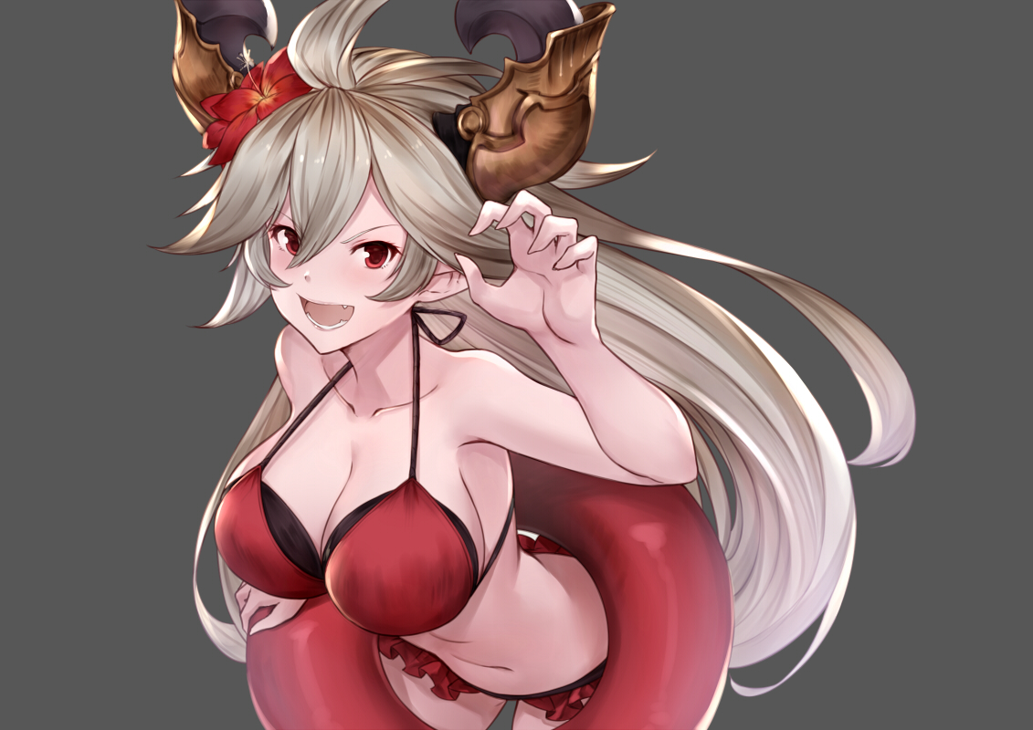 bikini, blonde_hair, breasts, cleavage, fang, granblue_fantasy, horns, long_hair, navel, pak_ce, red_eyes, sarasa_(granblue_fantasy), swim_ring, swimsuit
