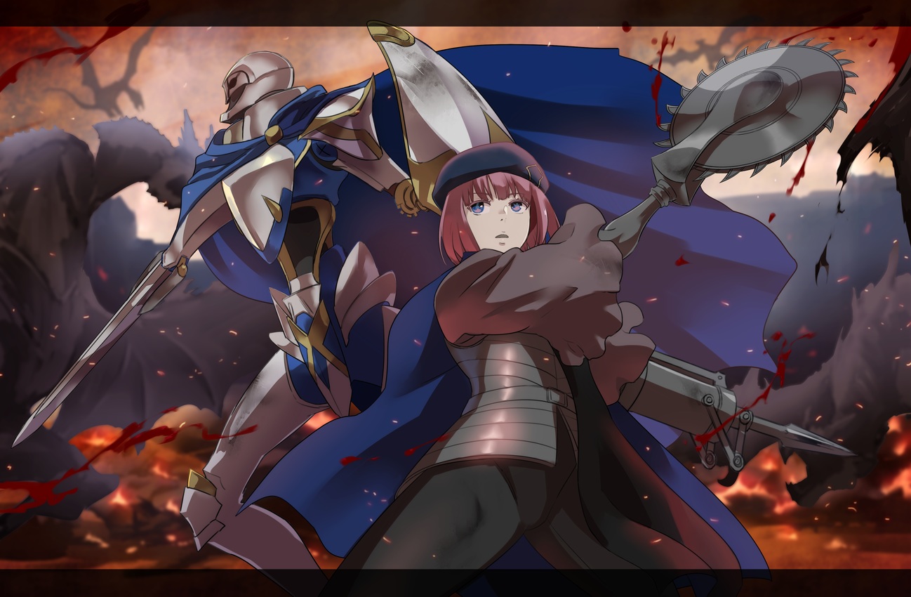 armor, blood, blue_eyes, cape, hat, iwaya, original, pink_hair
